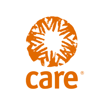Orangerot gefärbtes CARE Logo mit einem Kreis aus Händen und dem Schriftzug care