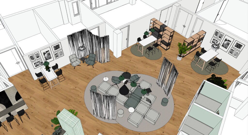 Architectural 3D rendering of a modern open-plan office layout with collaborative workspaces and lounge areas