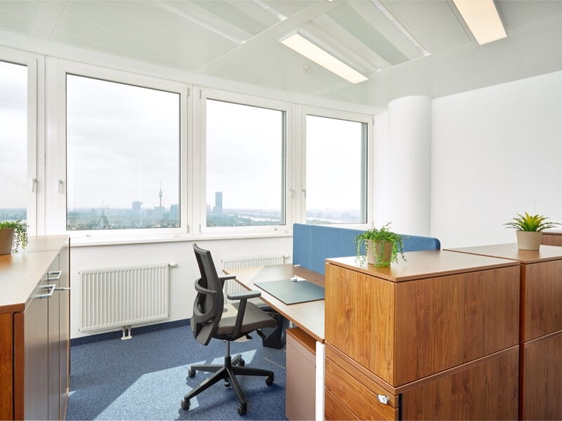 Modernes Open-Space-Büro mit Holztischen, blauen Sichtschutzwänden und großen Fenstern mit Panoramablick auf die Skyline der Stadt