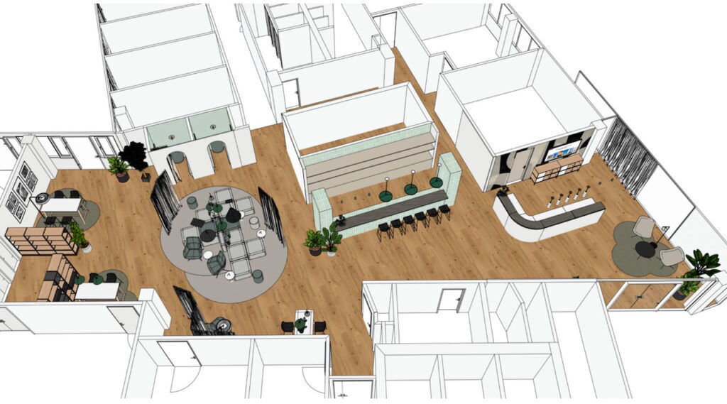 3D architectural floor plan showing a modern office interior layout with workspaces, lounge area, and reception