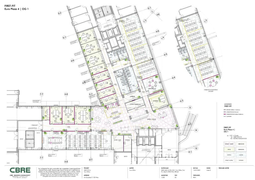 Architectural floor plan of First-Fit office layout at Euro Plaza 4, 1st floor, showing workstation and conference room arrangements.