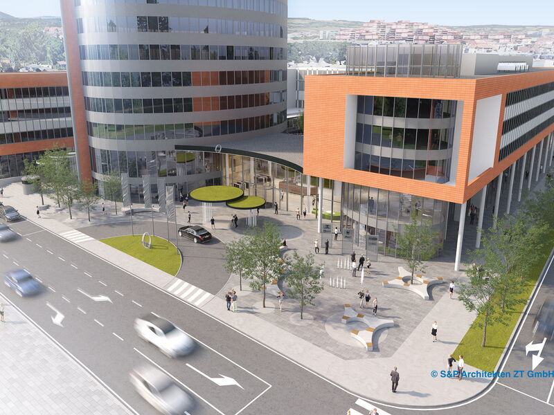 Architektonische Visualisierung eines modernen Bürokomplexes mit geschwungenen Glastürmen und orangen Akzenten von S&P Architekten
