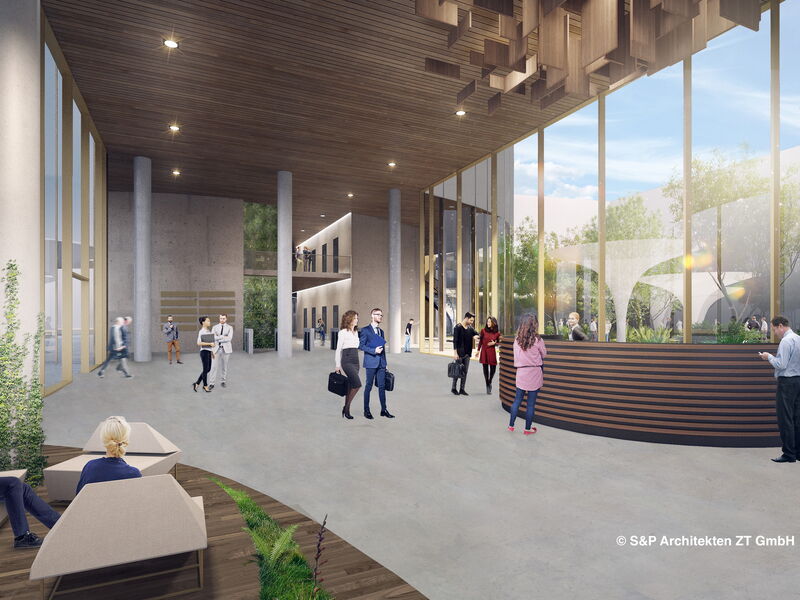 Architektonische Visualisierung einer geräumigen modernen Büro-Lobby mit hoher Holzdecke, Empfangstheke und Menschen im Innenbereich