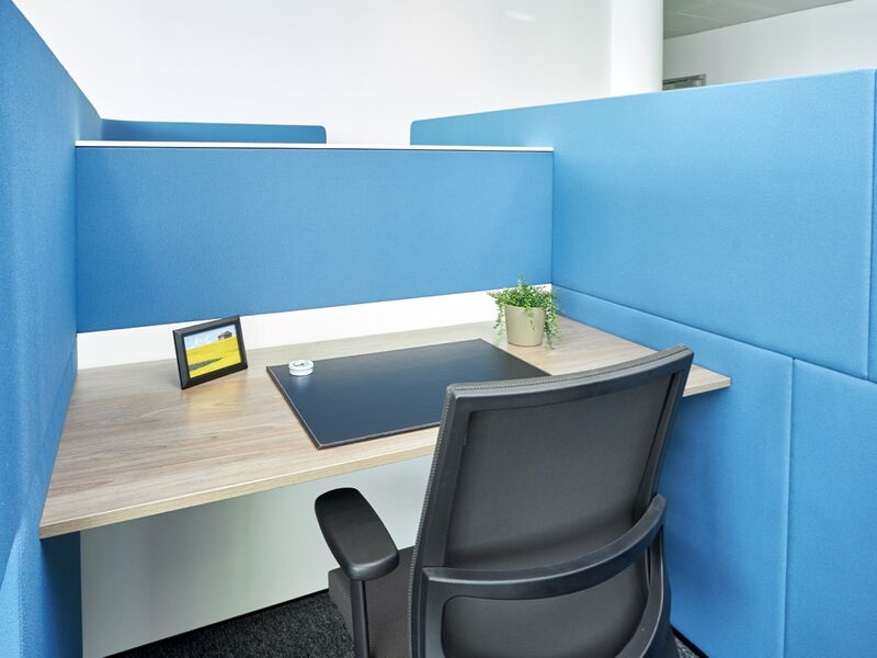 Helles modernes Büroinnere mit Holztischen, blauen Akustik-Trennwänden und großen Fenstern mit Stadtblick.