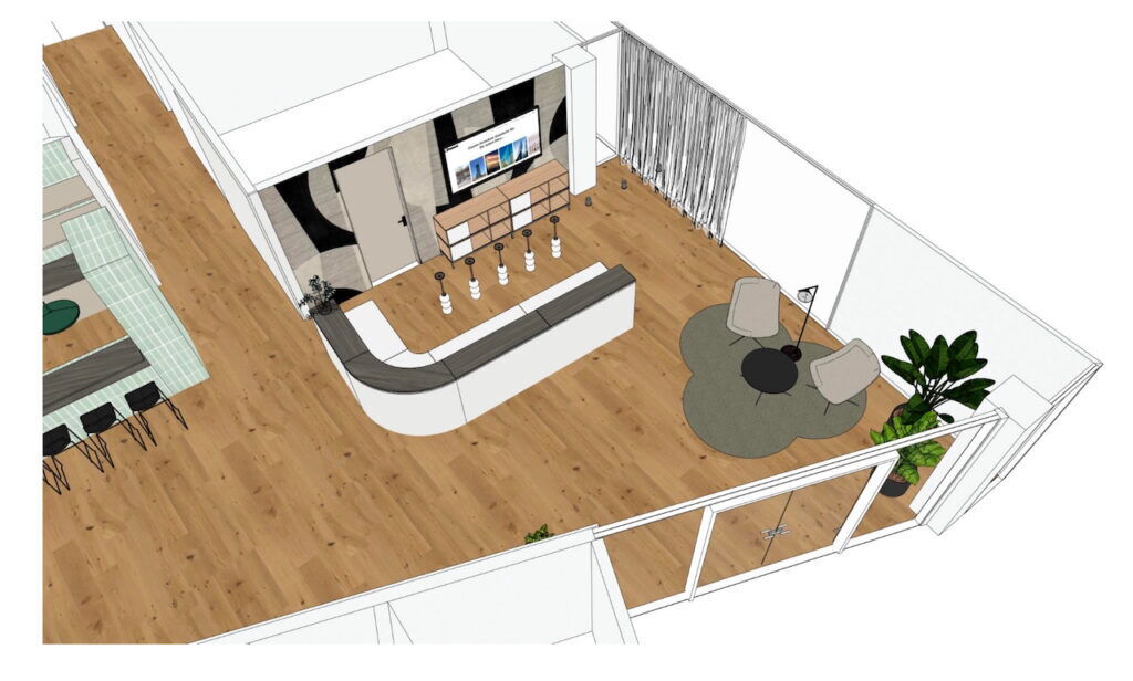 Top-down 3D rendering of a modern office reception area with wooden flooring, reception desk, and lounge seating
