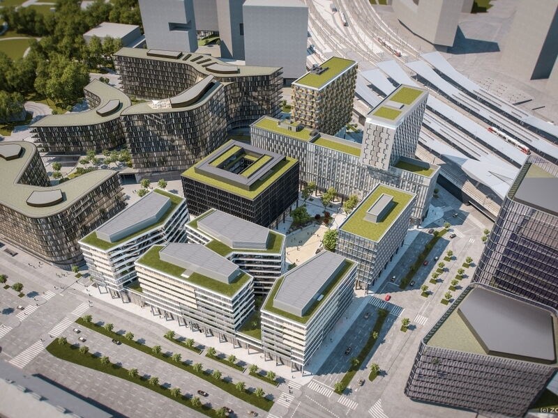 Architektonische Renderdarstellung eines modernen urbanen Quartiers mit Gründächern und Bürogebäuden aus der Vogelperspektive
