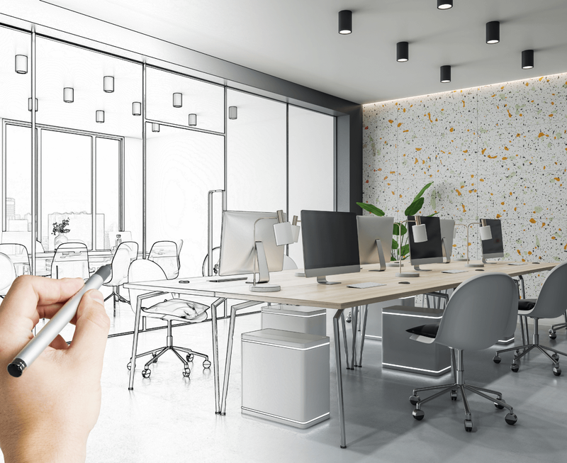 A modern open space office design blending realistic furniture and a hand-drawn sketch background.