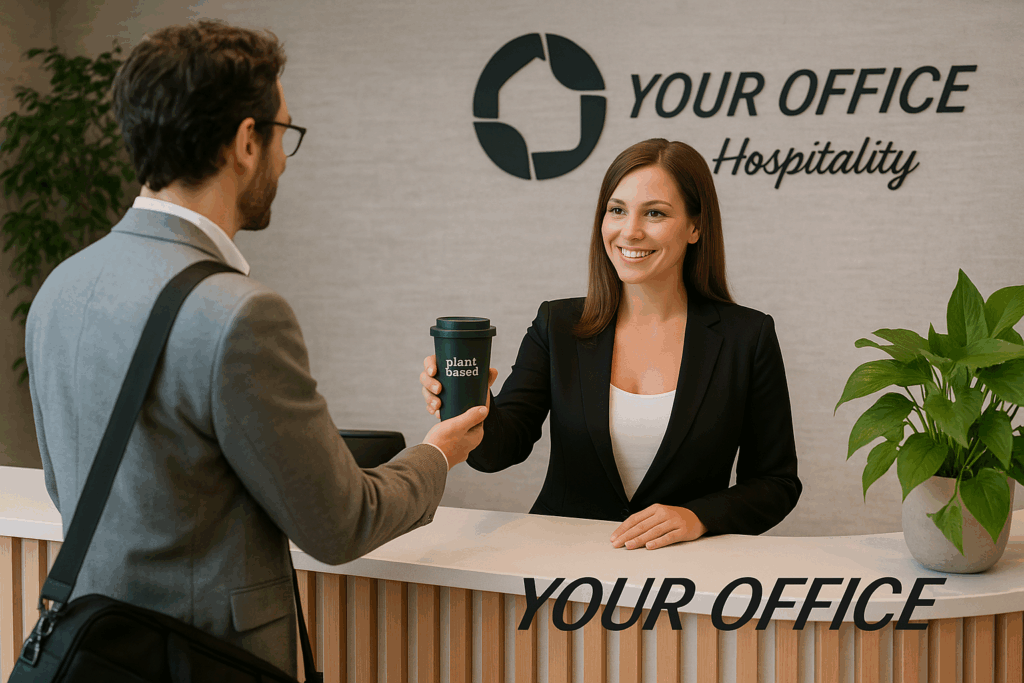 A smiling receptionist handing a reusable coffee cup to an employee at Your Office Hospitality desk.