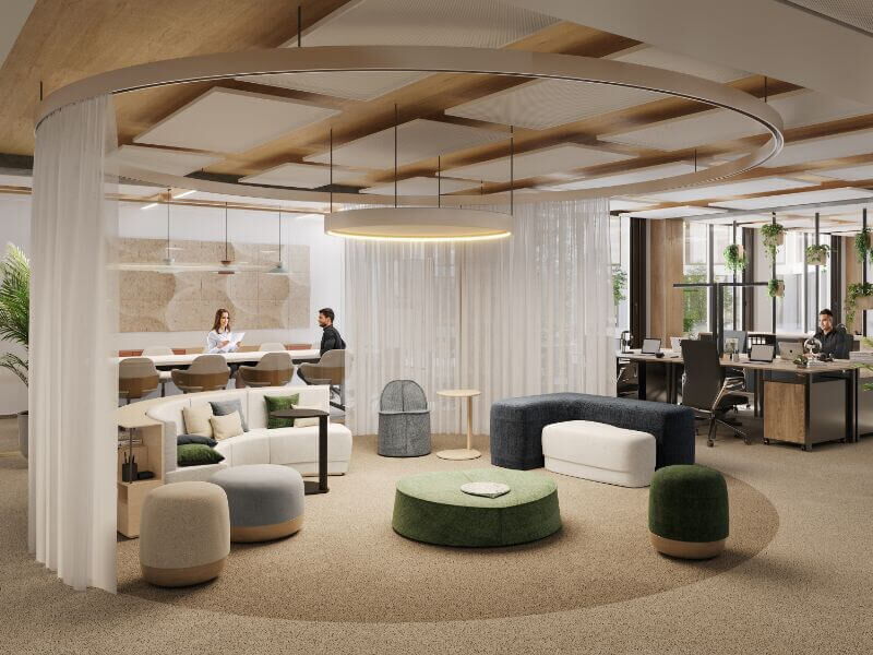 Moderne offene Büro-Innenarchitektur mit kollaborativen Loungebereichen, runder Beleuchtung und Arbeitsplätzen im Leopoldsquartier