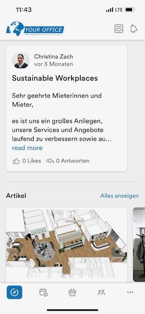 Screenshot der Your Office App mit einem Beitrag zum Thema nachhaltige Arbeitsplätze von Christina Zach und einer Grundriss-Visualisierung
