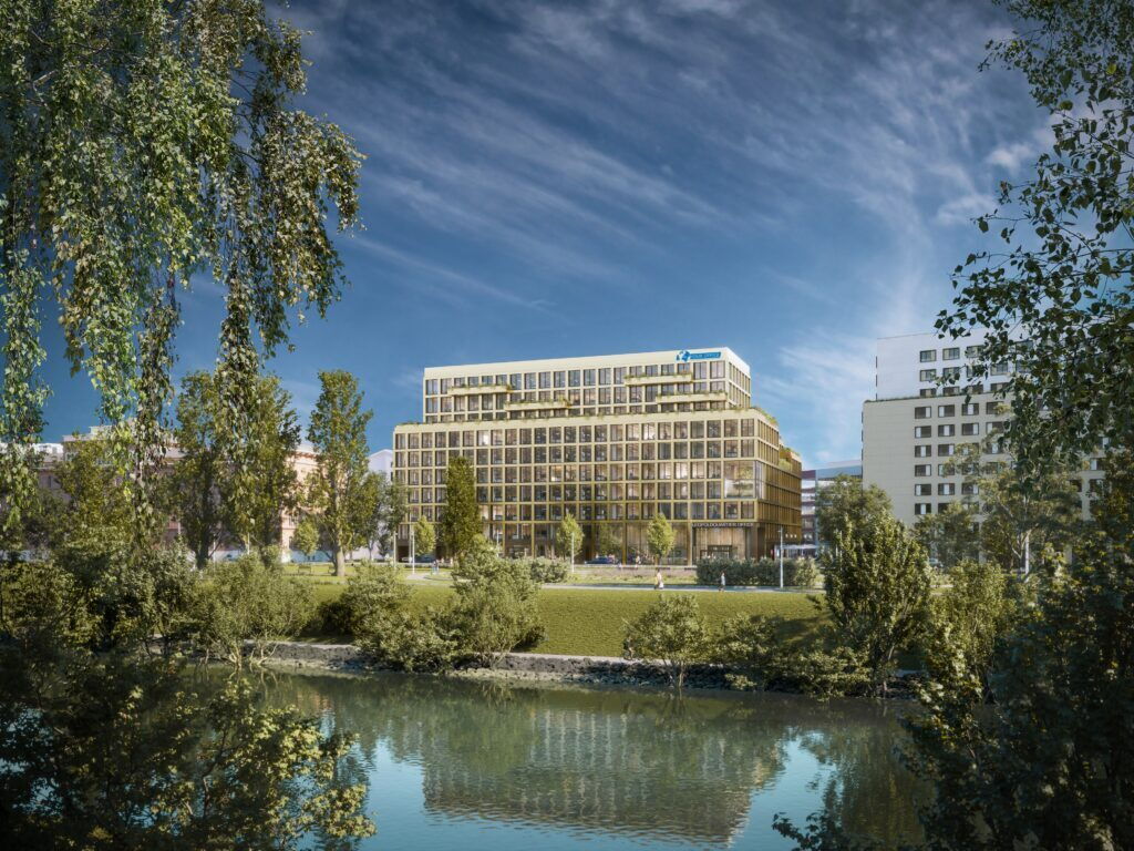 Architectural rendering of the Leopoldsquartier BT A Office building near a river with green trees and a blue sky