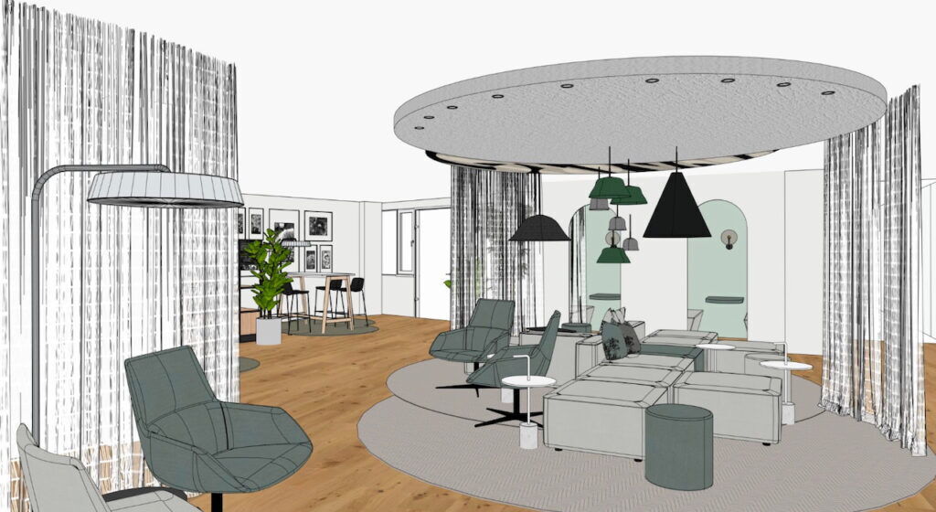 3D rendering of a modern office lounge interior design with seating area, pendant lights, and wooden flooring.