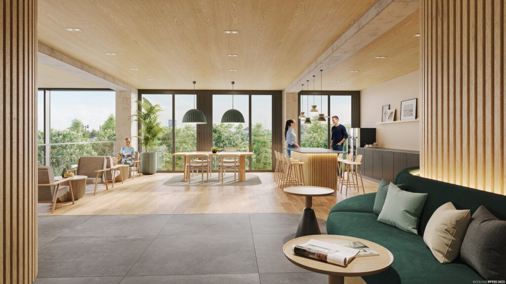 Spacious and modern office communal zone with wooden ceiling, lounge area, and kitchen counter at Leopoldsquartier