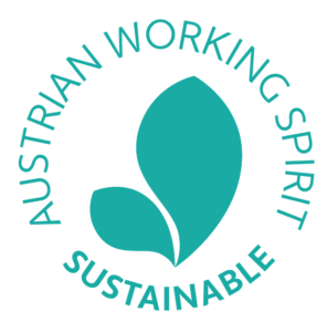Green circular logo featuring two leaves and the text Austrian Working Spirit Sustainable