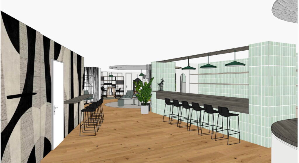3D architectural render of a modern interior featuring a bar counter with green tiles, black bar stools, and a cozy lounge area in the background