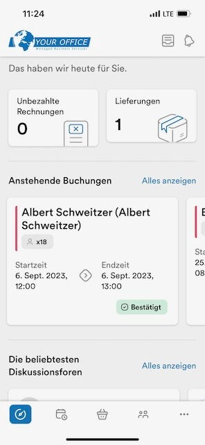 Screenshot einer Business-App für Büroservice mit anstehenden Buchungen, Rechnungen und Lieferungen