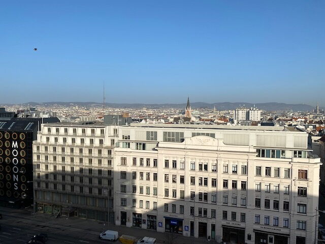 Weitwinkelblick über die Wiener Stadtsilhouette mit klassischen europäischen Gebäuden, Dächern und Hügeln am Horizont unter klarem blauen Himmel