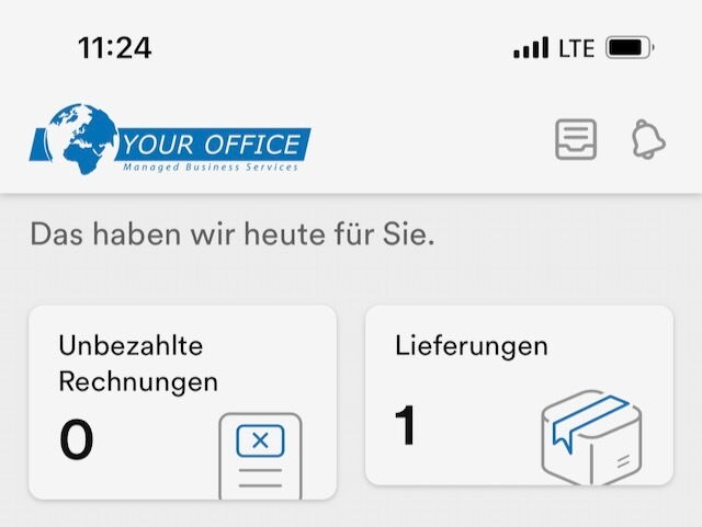 Mobile App Dashboard von Your Office mit Übersicht zu unbezahlten Rechnungen und Lieferungen