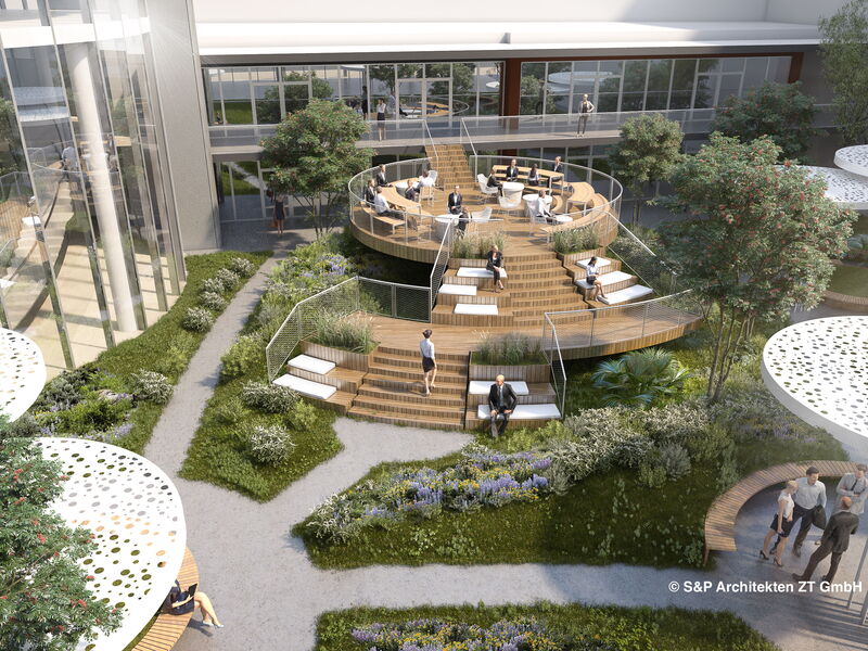 Gerenderte Ansicht eines modernen Büroinnenhofs mit mehrstufiger Holzterrasse, Sitzbereichen, Gehwegen und üppiger Landschaftsgestaltung von S&P Architekten ZT GmbH.